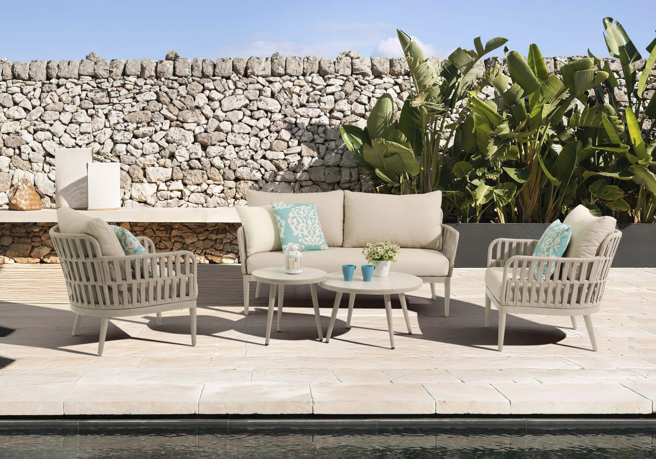 פינת ישיבה שרה SARAH משולבת חבלים בגוון אבן , מרווחת נוחה ומיוחדת