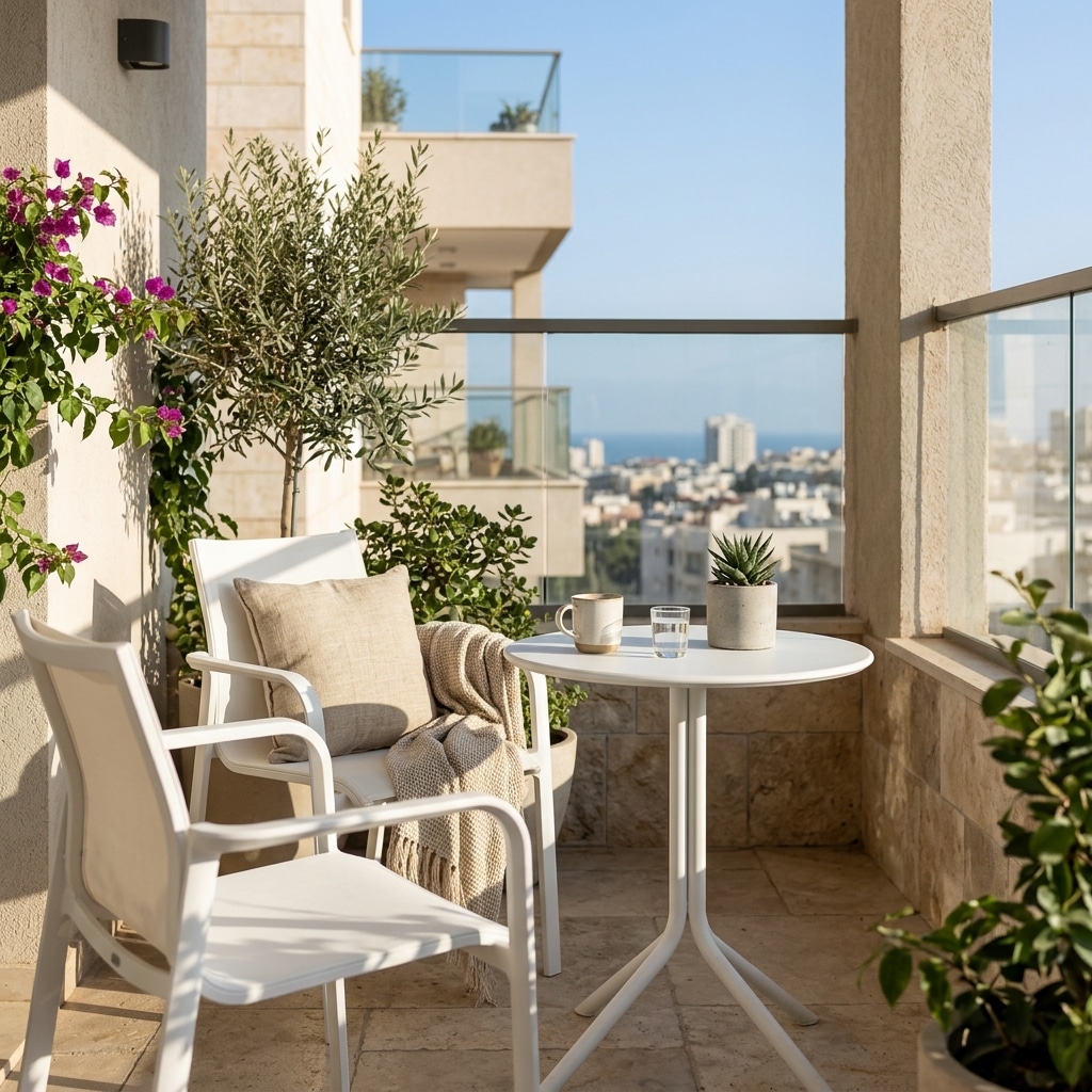 מרפסת שמש מוארת עם סט ריהוט גן לבן הכולל שולחן עגול ושני כיסאות אלומיניום, מוקפים בעציצים ירוקים וצמחייה, עם נוף עירוני ברקע.