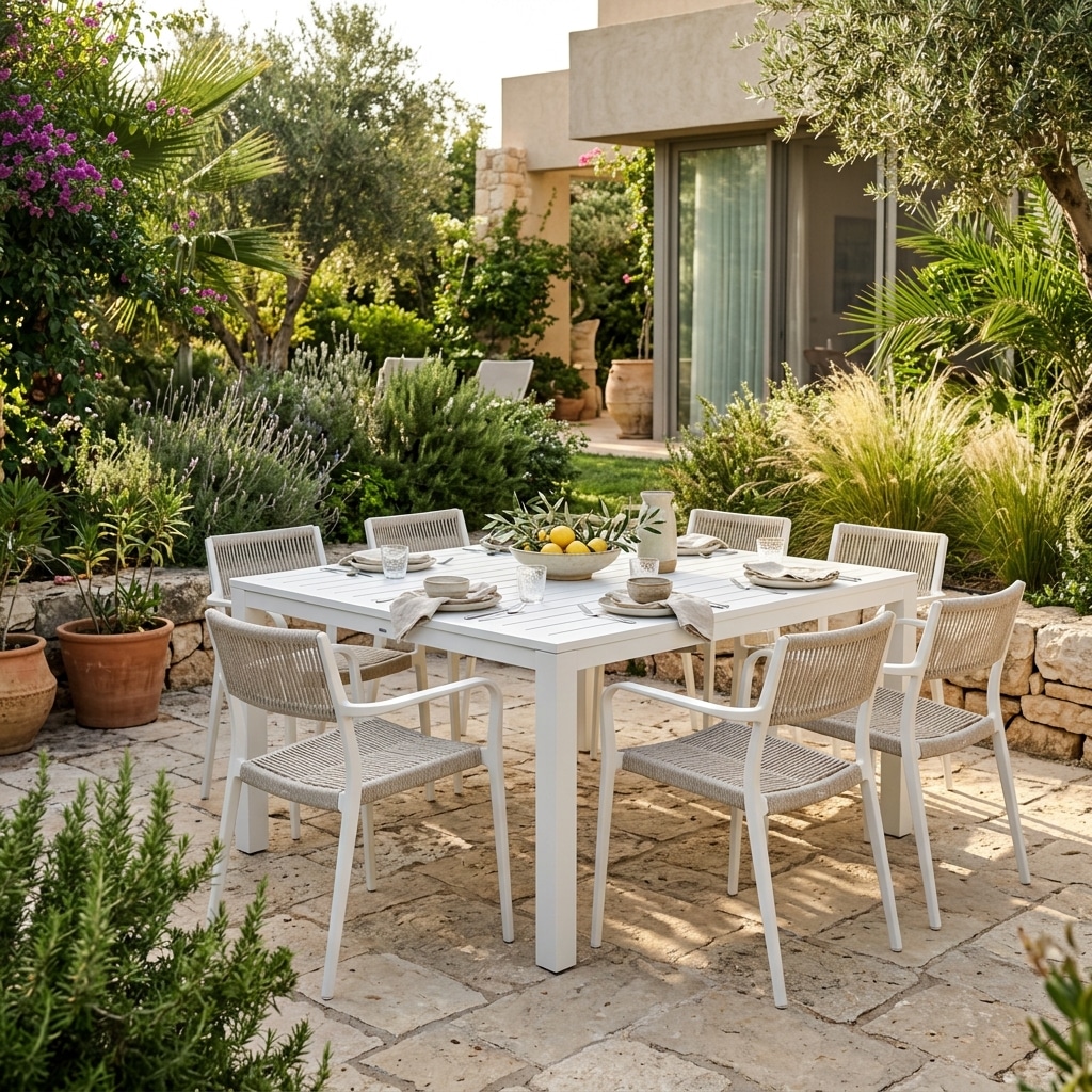 מערכת ישיבה חיצונית הכוללת שולחן מרובע לבן וכיסאות תואמים עם משענות קלועות, ממוקמת על מרצפות אבן בגינה ירוקה ומטופחת תחת אור שמש רך.